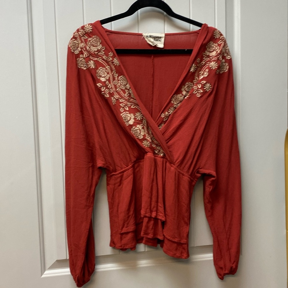 Savanna Jane Embroidered Cross Front Long sleeve Crinkled Blouse Top